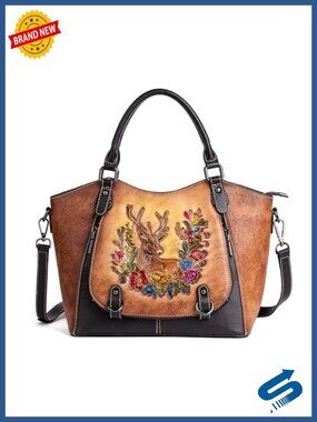 Vintage Genuine Cowhide Leather Satchel Handbag – Hand-Embossed Floral Deer Top